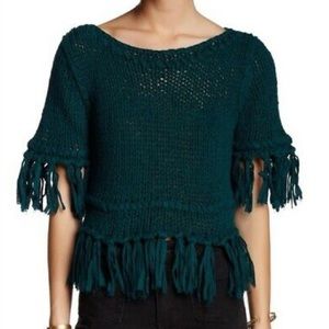 Free People Crochet Fringe Emerald Green Crop Sweater XS